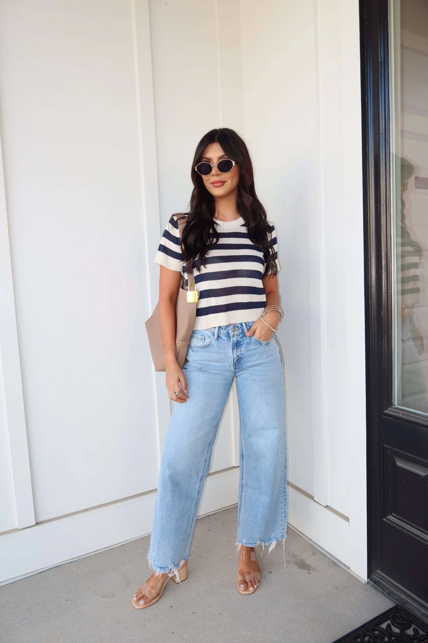 Navy and Cream Striped Short Sleeve Sweater - Image 3