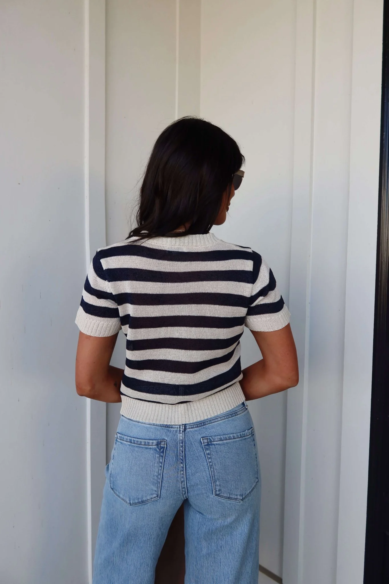 Navy and Cream Striped Short Sleeve Sweater - Image 6