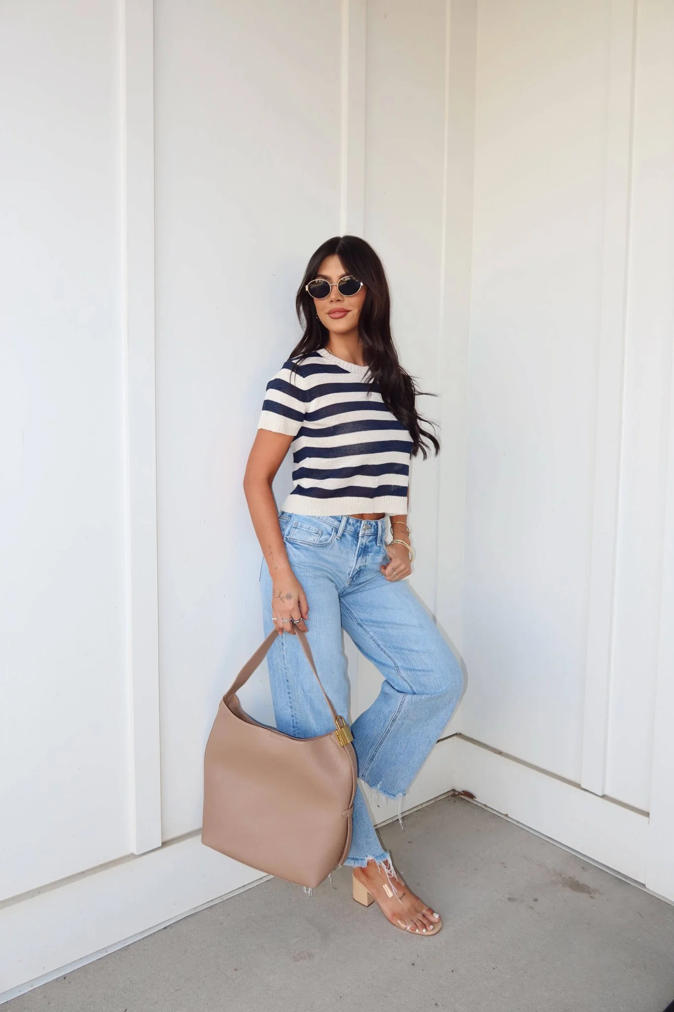 Navy and Cream Striped Short Sleeve Sweater - Image 7