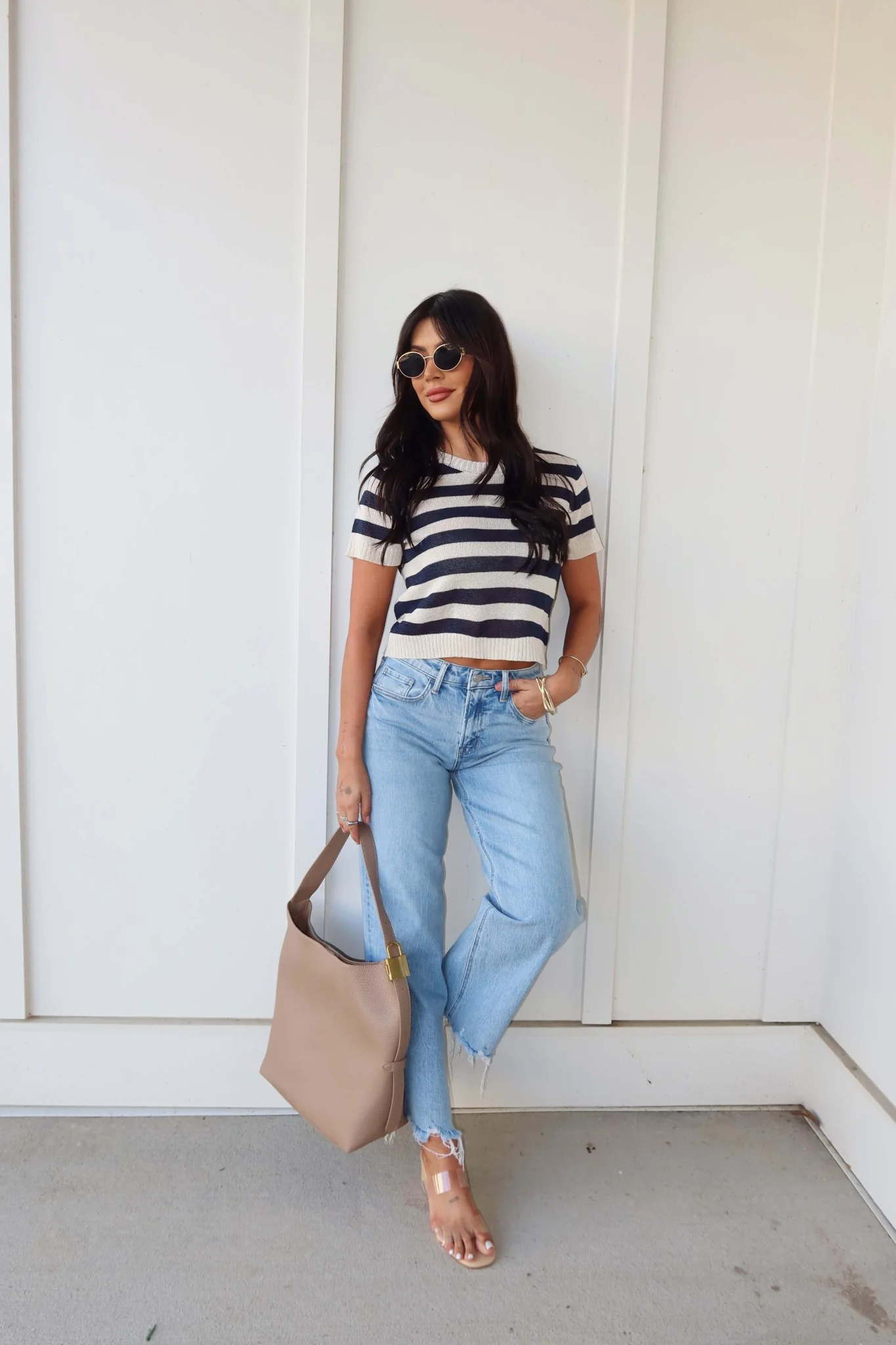 Navy and Cream Striped Short Sleeve Sweater - Image 8