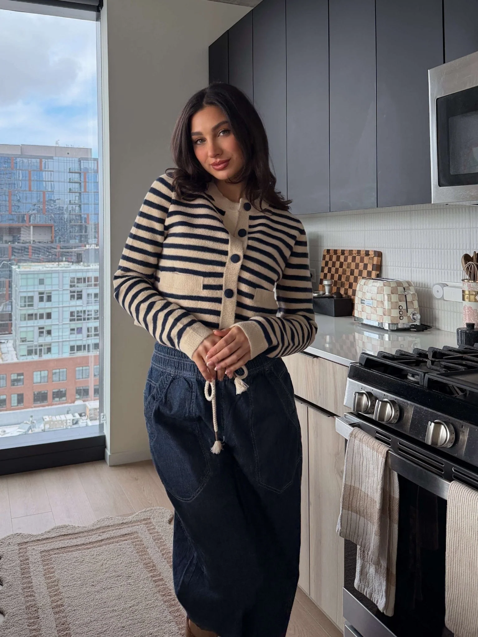 Navy and Tan Striped Button Down Cardigan - FINAL SALE