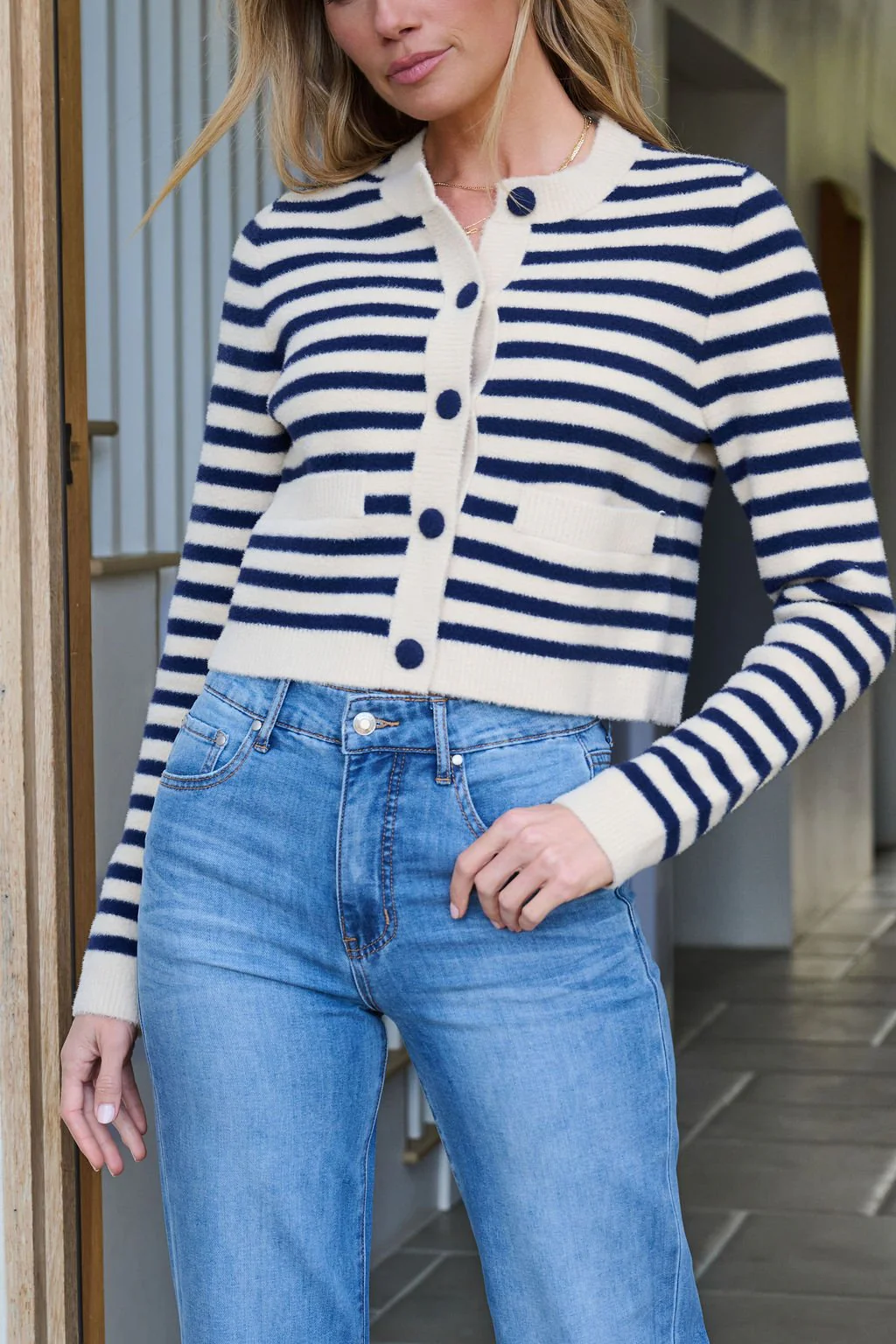 Navy and Tan Striped Button Down Cardigan - FINAL SALE - Image 11