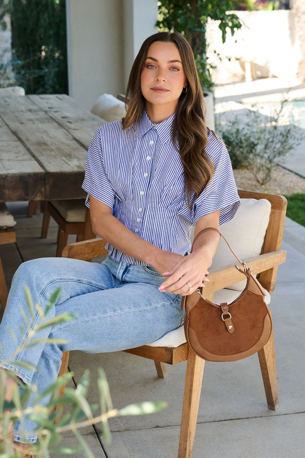 Navy Stripe Pleated Button Down Shirt - FINAL SALE