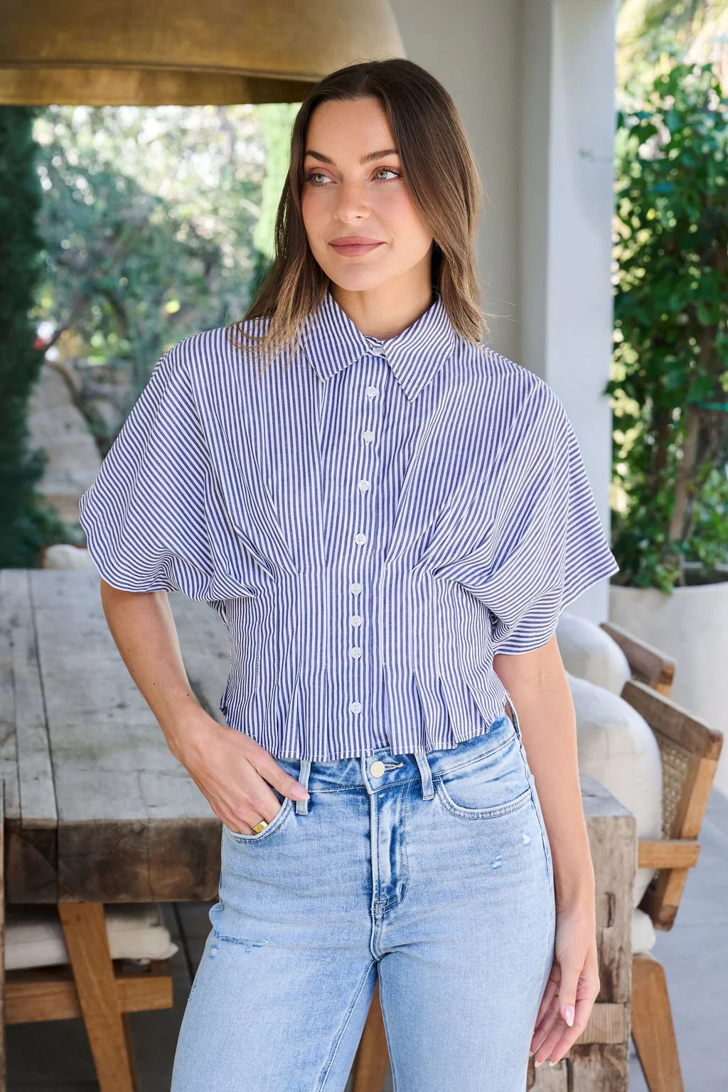 Navy Stripe Pleated Button Down Shirt - FINAL SALE - Image 4