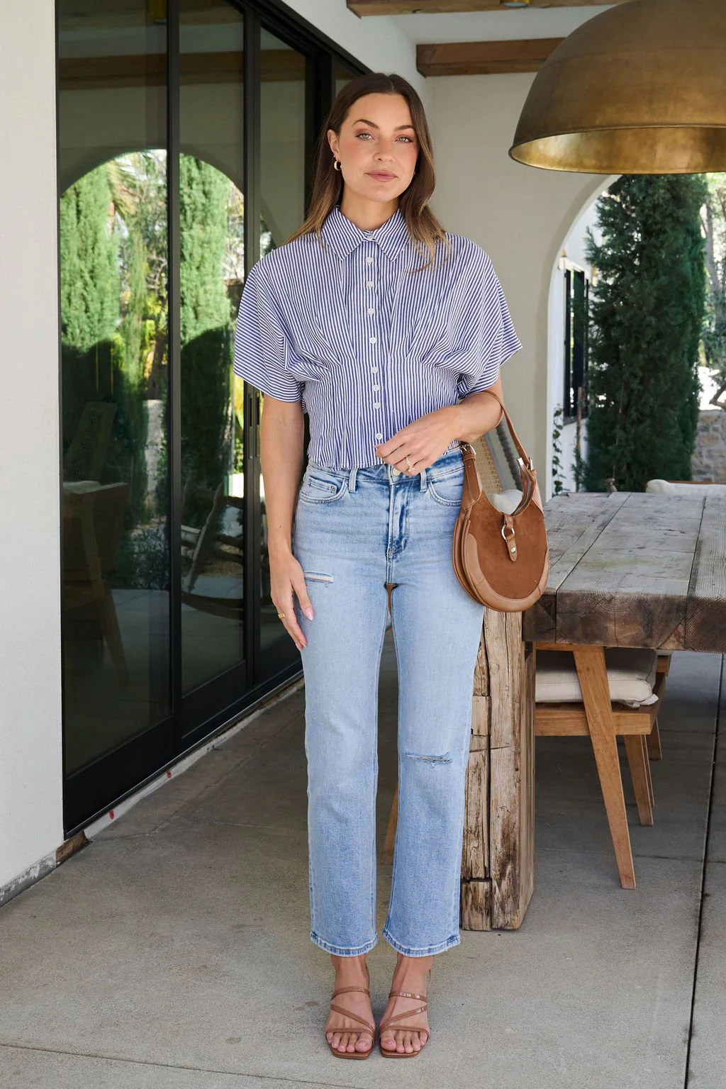 Navy Stripe Pleated Button Down Shirt - FINAL SALE - Image 6