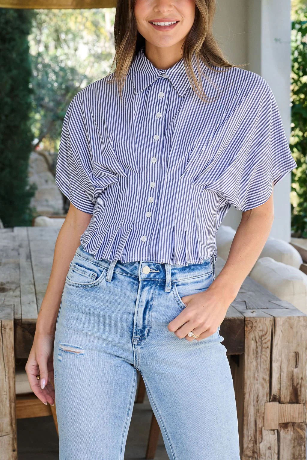 Navy Stripe Pleated Button Down Shirt - FINAL SALE - Image 8