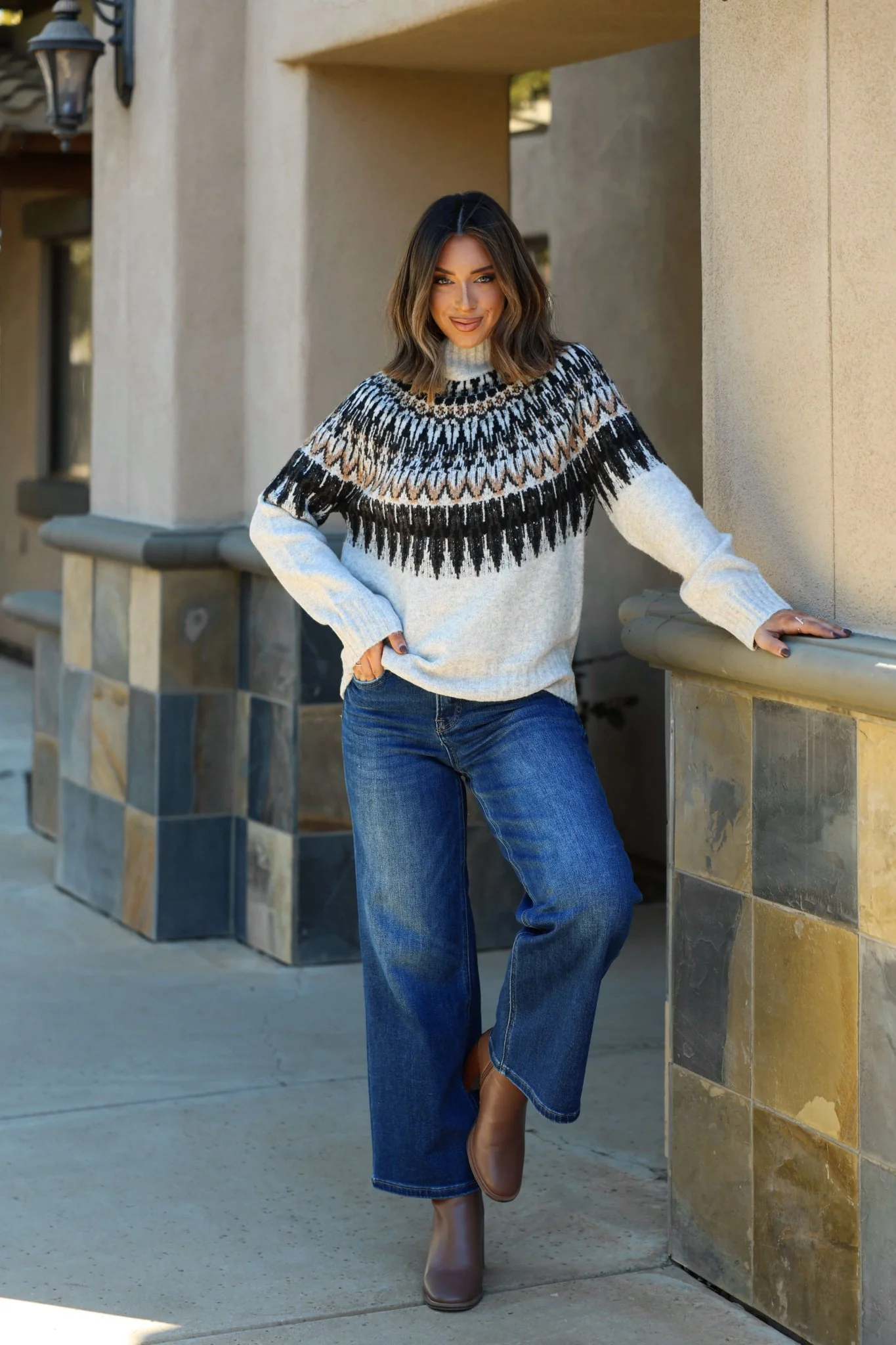 Oatmeal Fair Isle Mock Neck Sweater - FINAL SALE - Image 3
