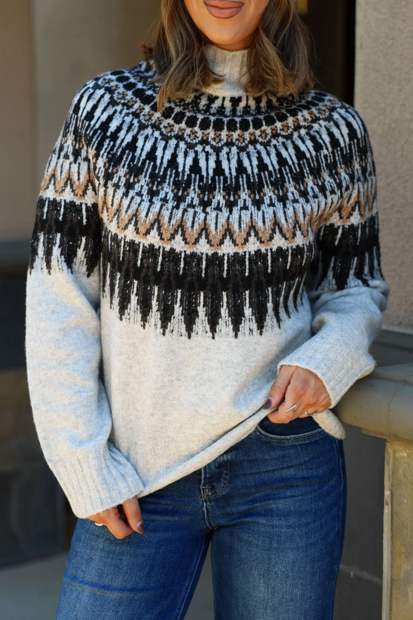 Oatmeal Fair Isle Mock Neck Sweater - FINAL SALE - Image 5