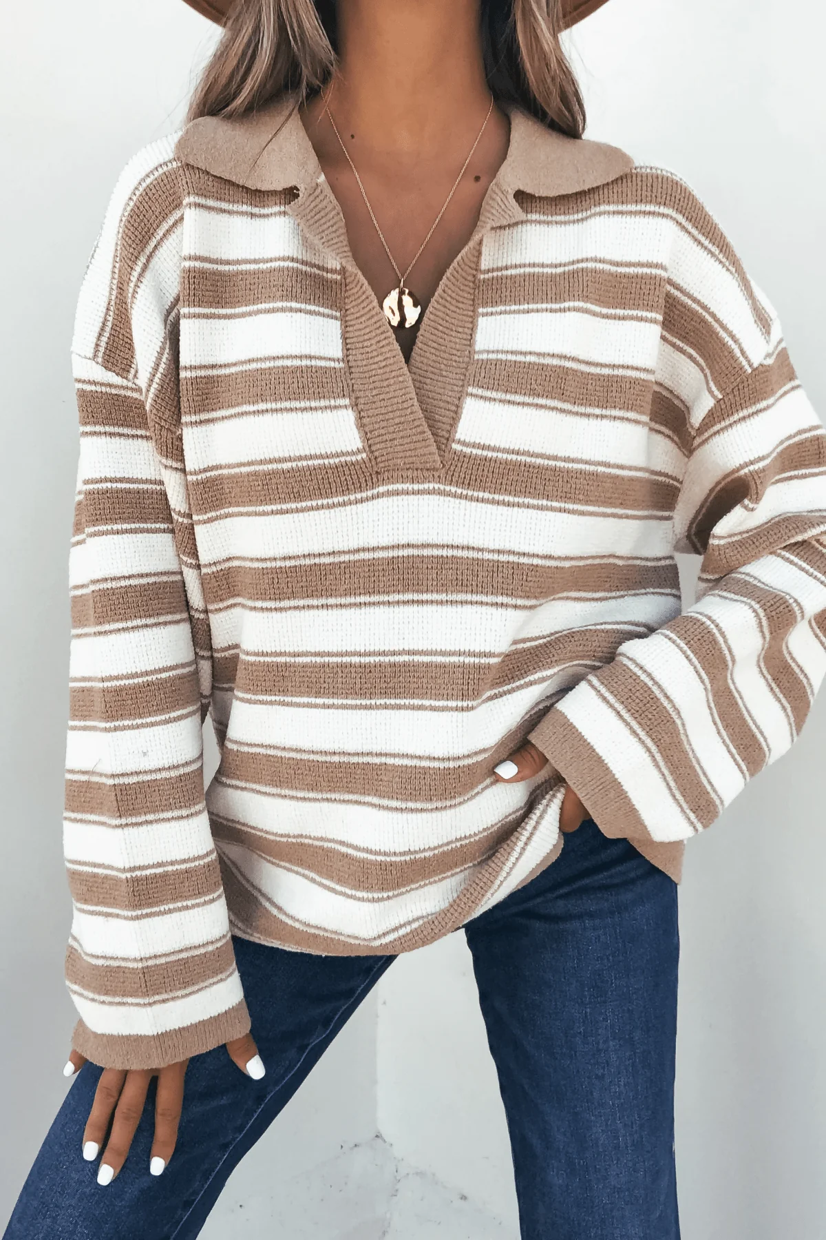 Oatmeal Split V Neck Striped Sweater - FINAL SALE - Image 3