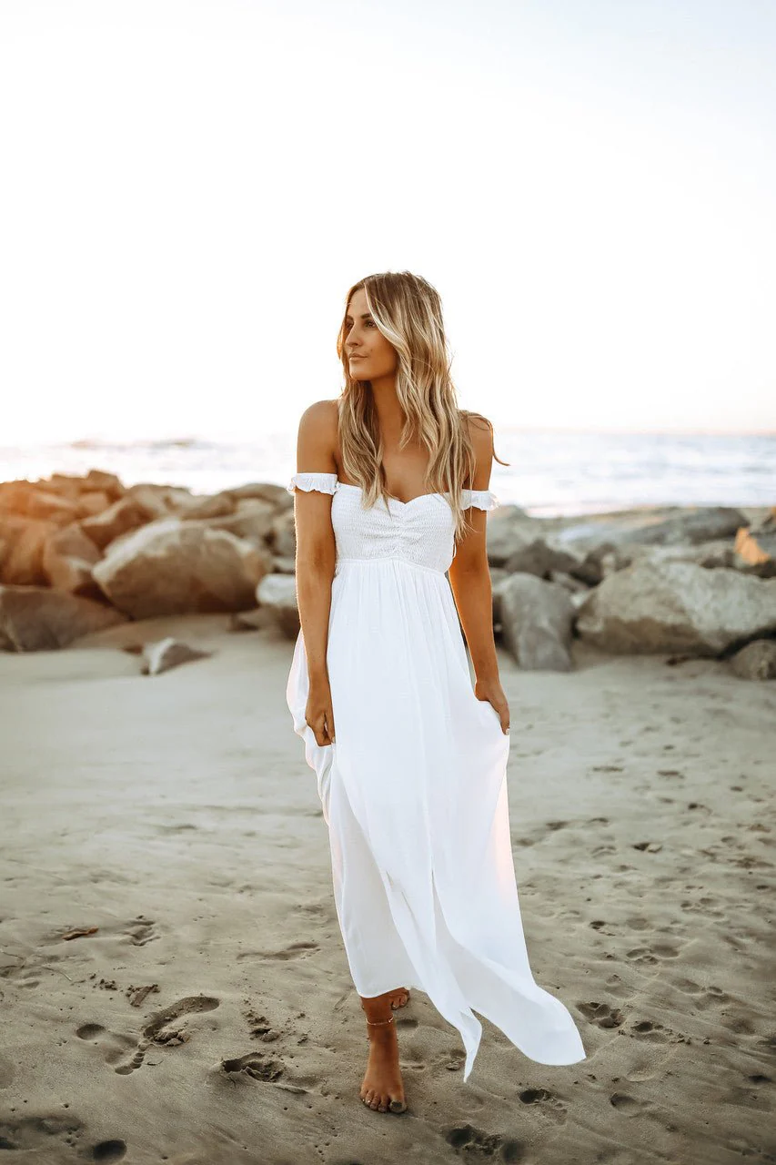 Odella Off Shoulder Dress: Smocked Maxi in Off White - Image 10
