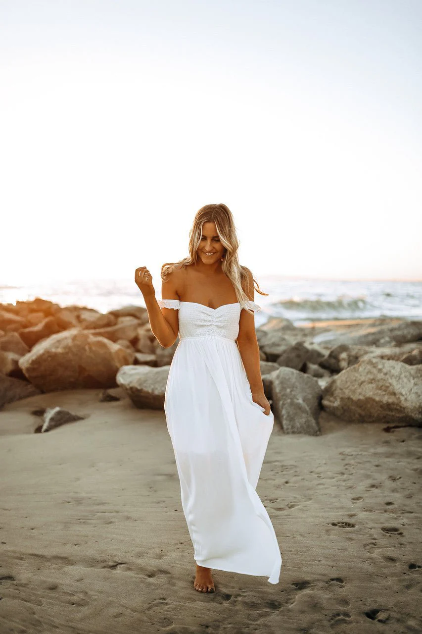 Odella Off Shoulder Dress: Smocked Maxi in Off White - Image 13