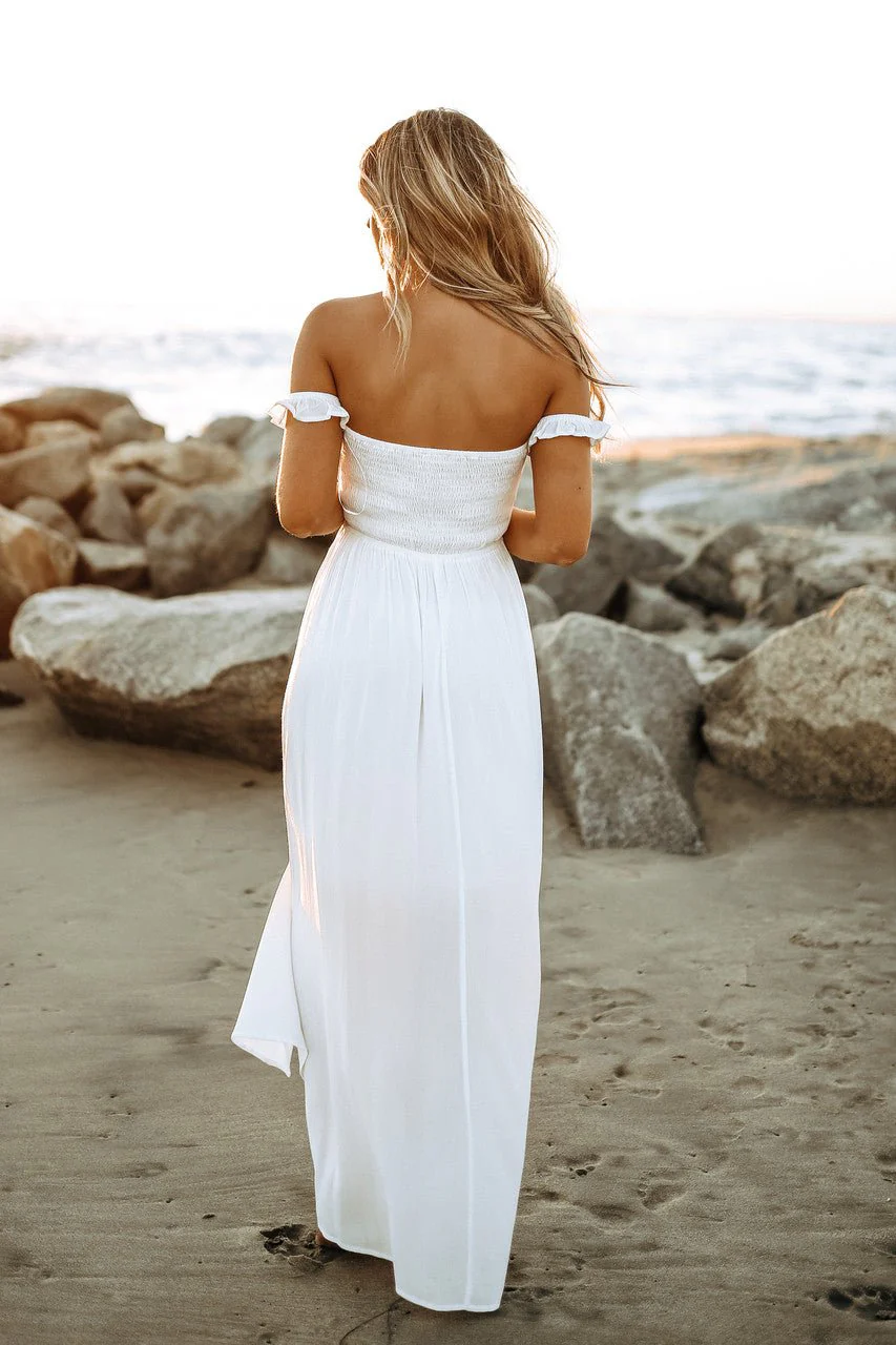 Odella Off Shoulder Dress: Smocked Maxi in Off White - Image 3