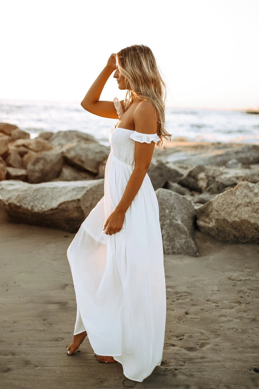 Odella Off Shoulder Dress: Smocked Maxi in Off White - Image 4