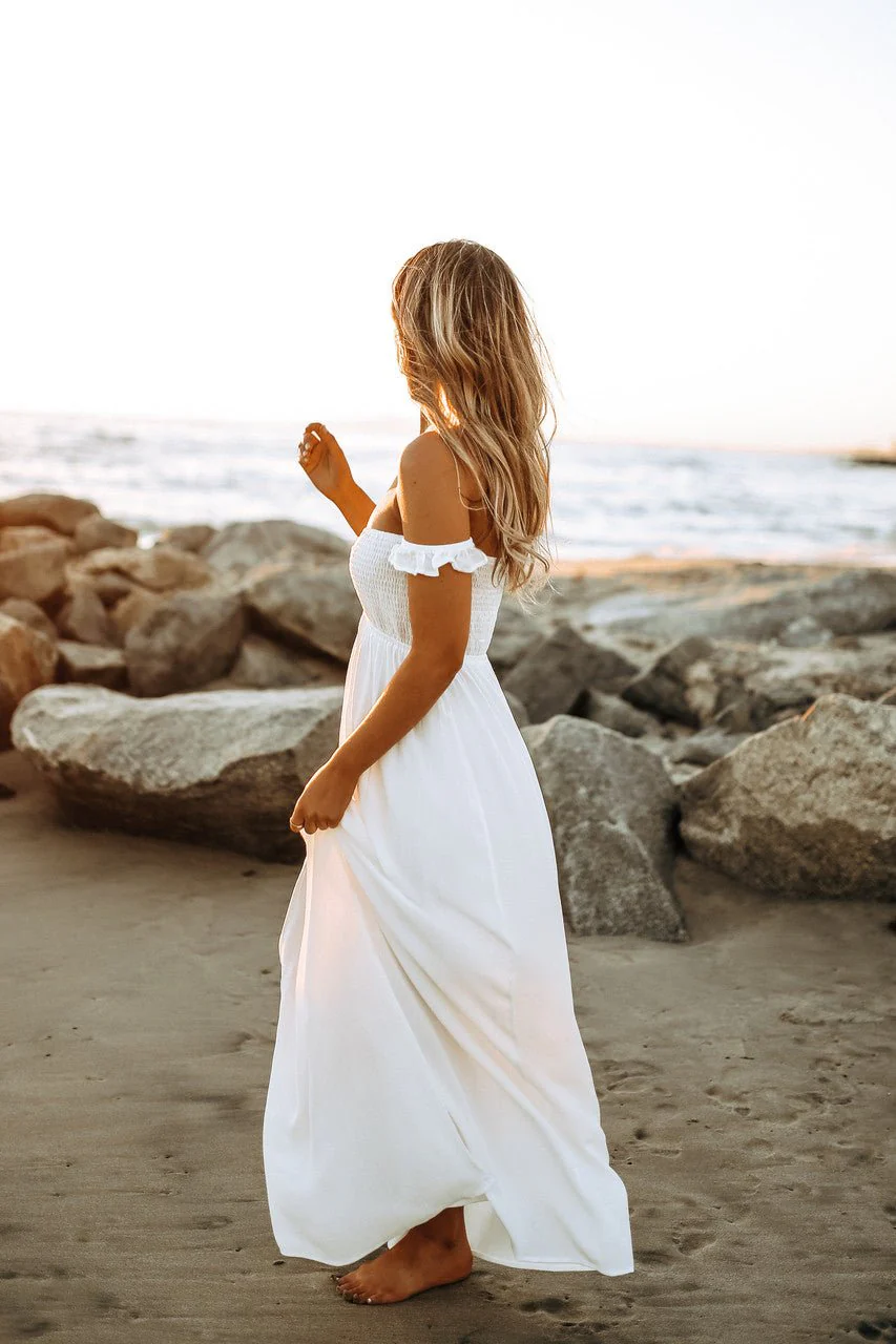 Odella Off Shoulder Dress: Smocked Maxi in Off White - Image 7