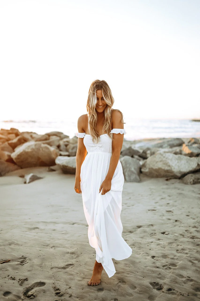 Odella Off Shoulder Dress: Smocked Maxi in Off White - Image 8