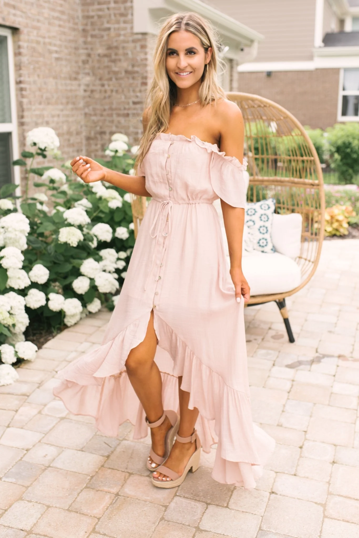 Blush Off the Shoulder Button Down High Low Maxi - Image 3