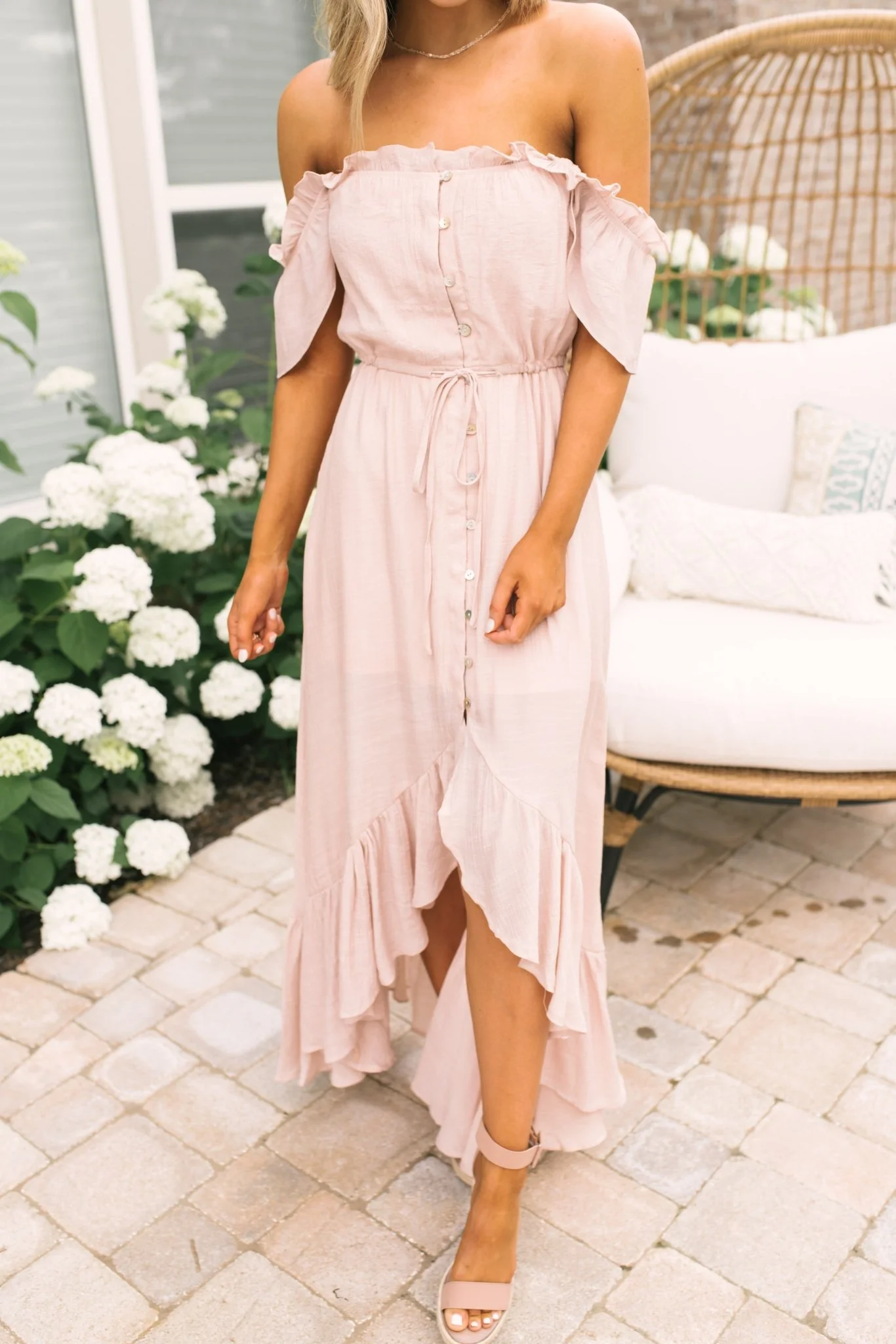 Blush Off the Shoulder Button Down High Low Maxi - Image 5