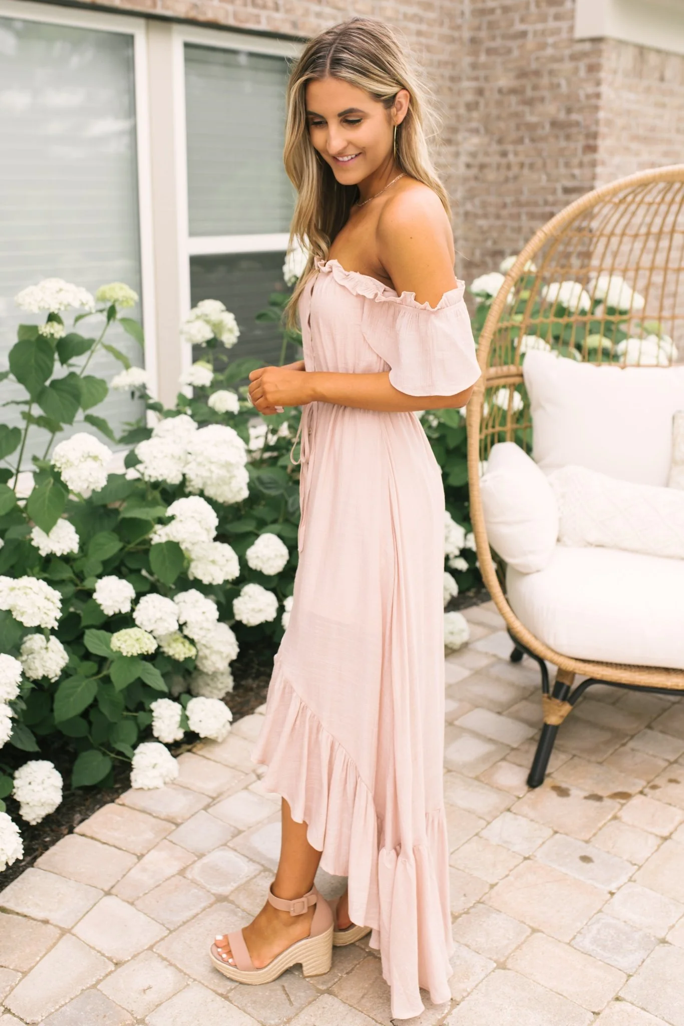 Blush Off the Shoulder Button Down High Low Maxi - Image 6