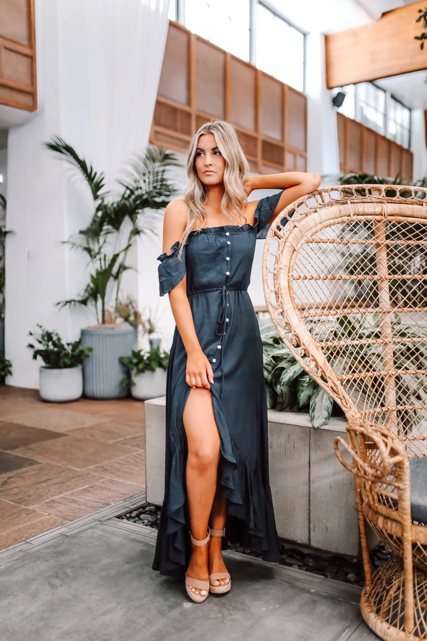 Navy High Low Dress: Off The Shoulder Button Down Maxi - Image 10