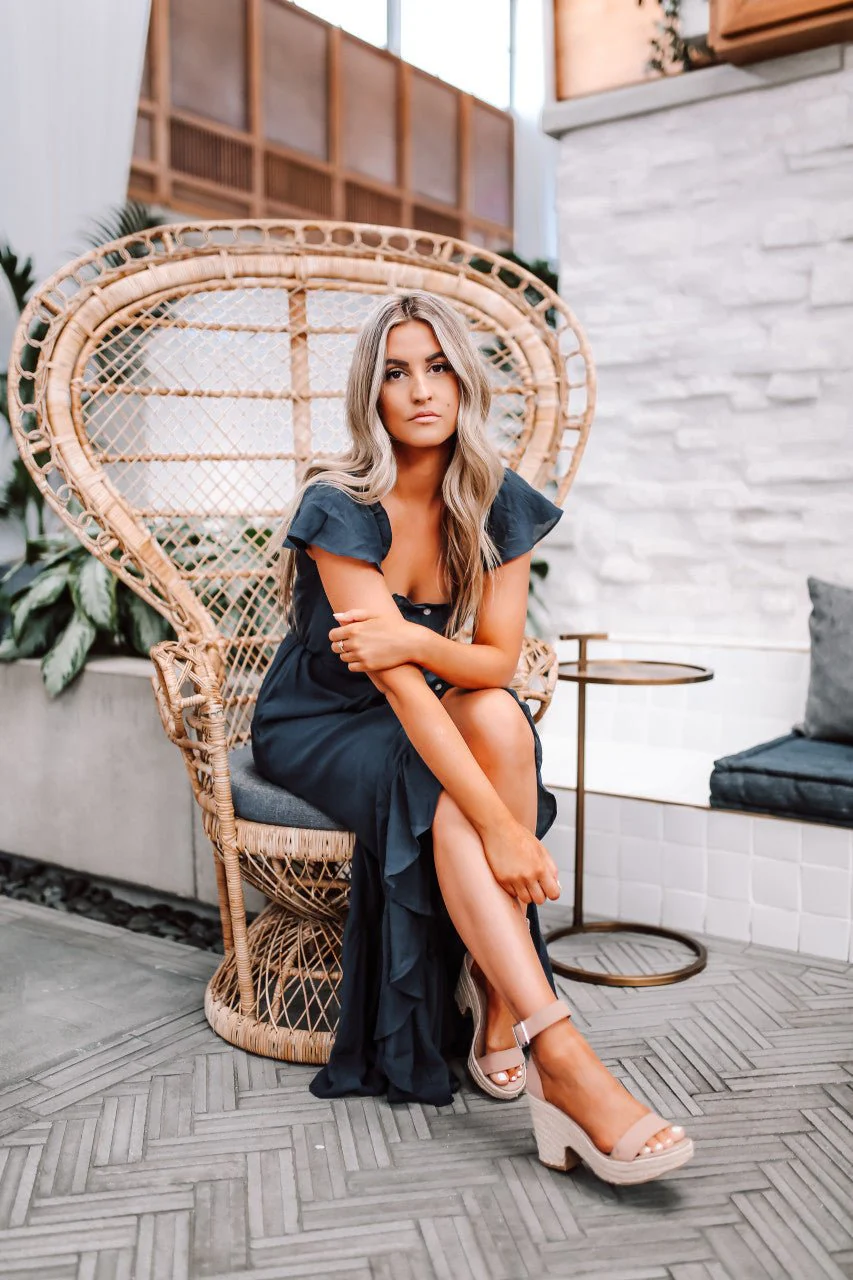 Navy High Low Dress: Off The Shoulder Button Down Maxi - Image 12
