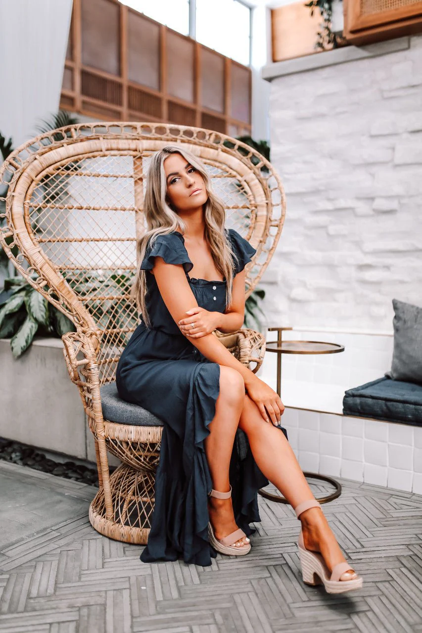 Navy High Low Dress: Off The Shoulder Button Down Maxi - Image 13