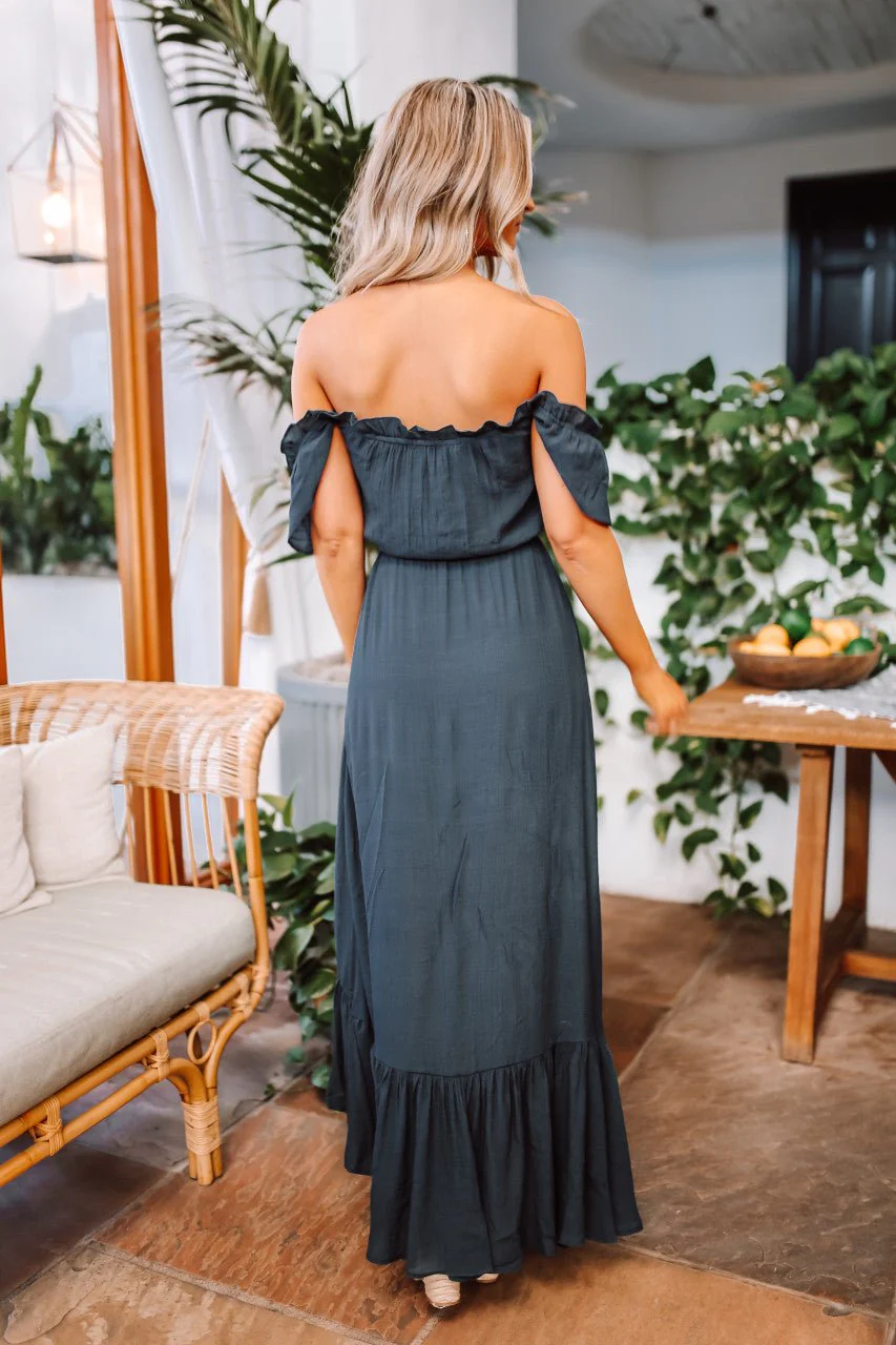 Navy High Low Dress: Off The Shoulder Button Down Maxi - Image 4