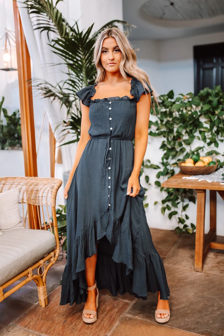 Navy High Low Dress: Off The Shoulder Button Down Maxi - Image 6