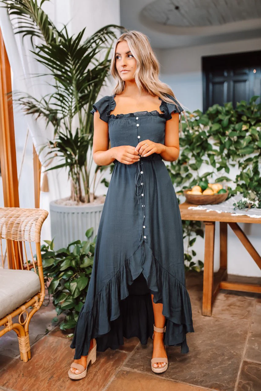 Navy High Low Dress: Off The Shoulder Button Down Maxi - Image 7