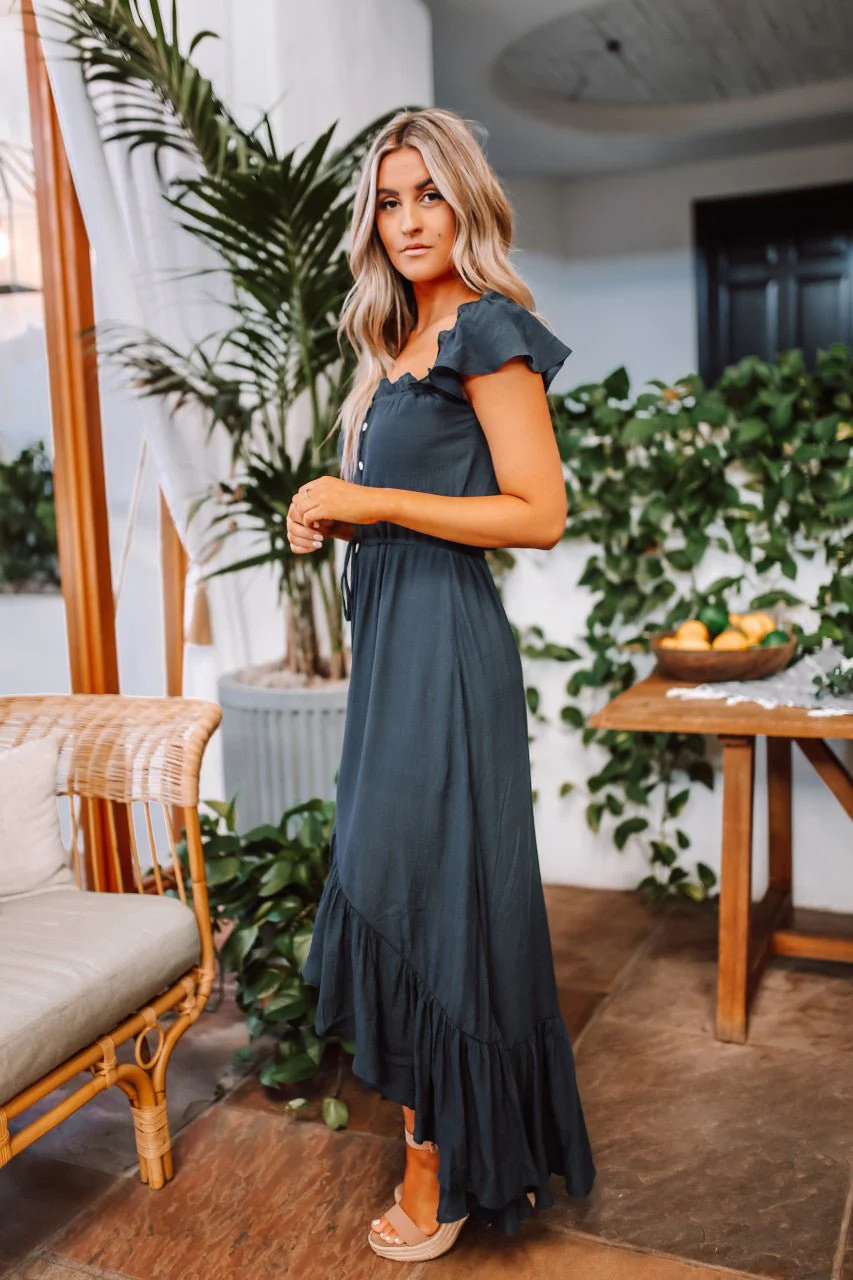 Navy High Low Dress: Off The Shoulder Button Down Maxi - Image 8