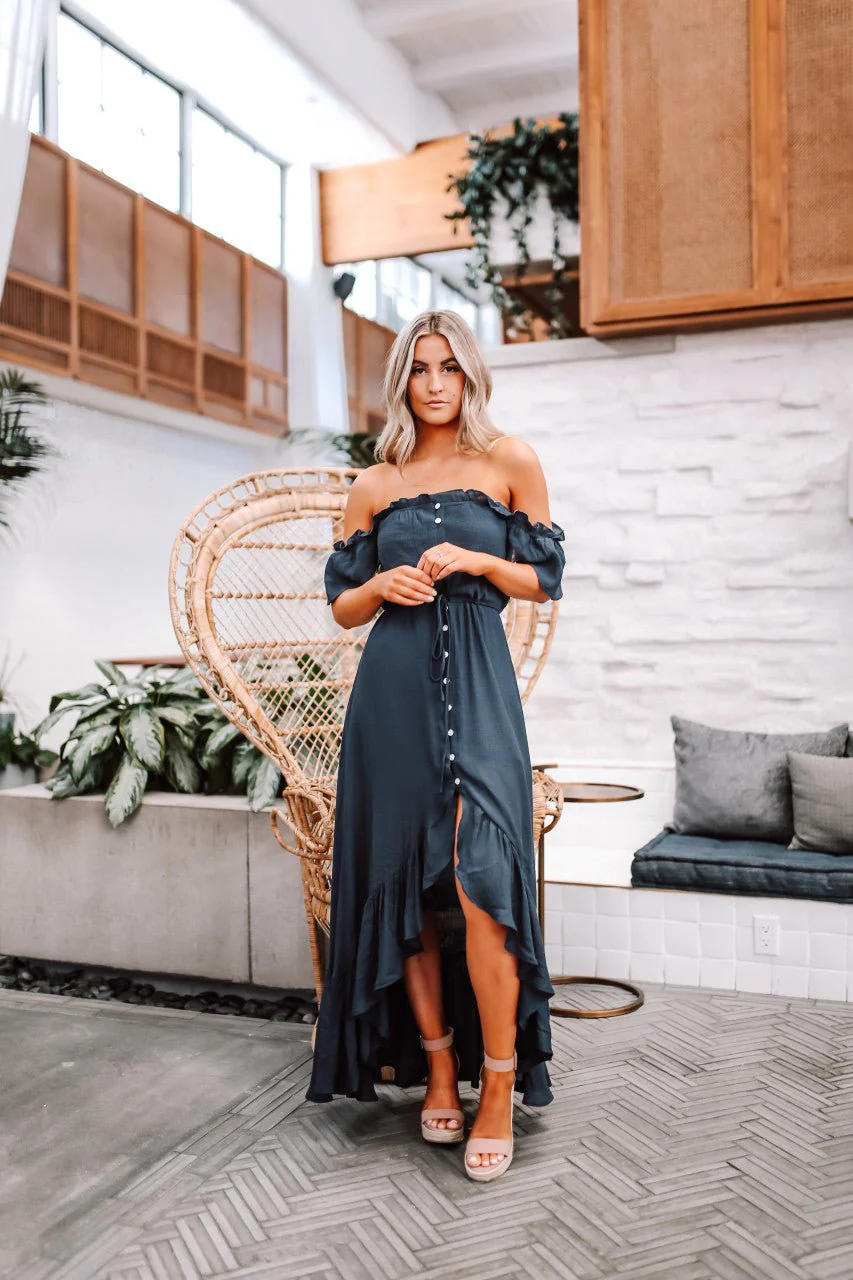 Navy High Low Dress: Off The Shoulder Button Down Maxi - Image 9