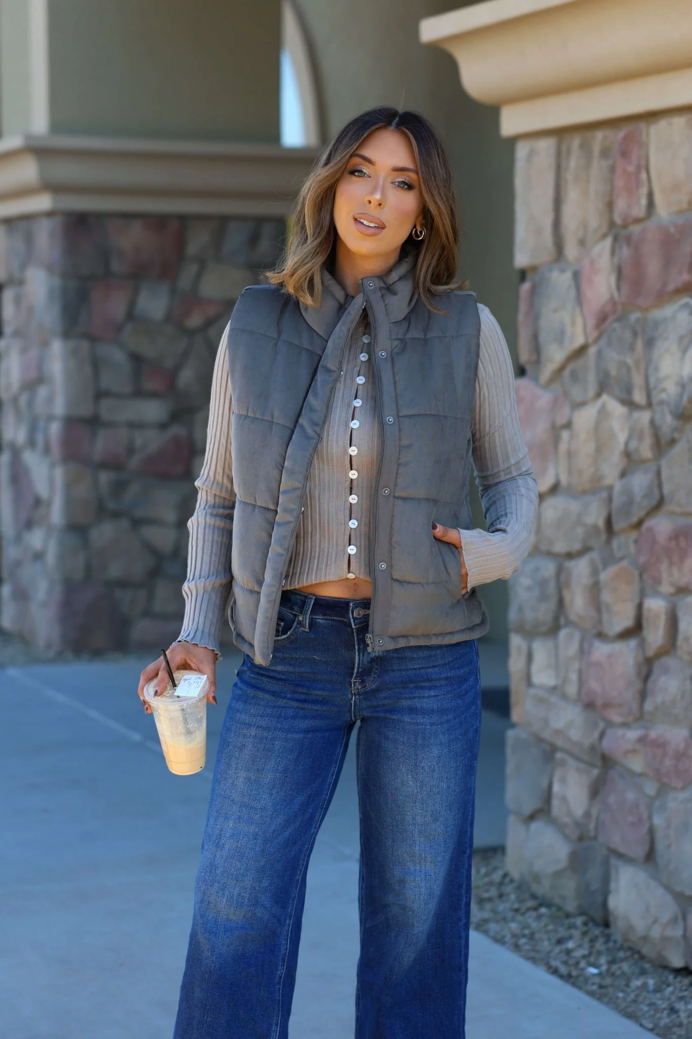 Olive Button Up Puffer Vest - FINAL SALE - Image 3