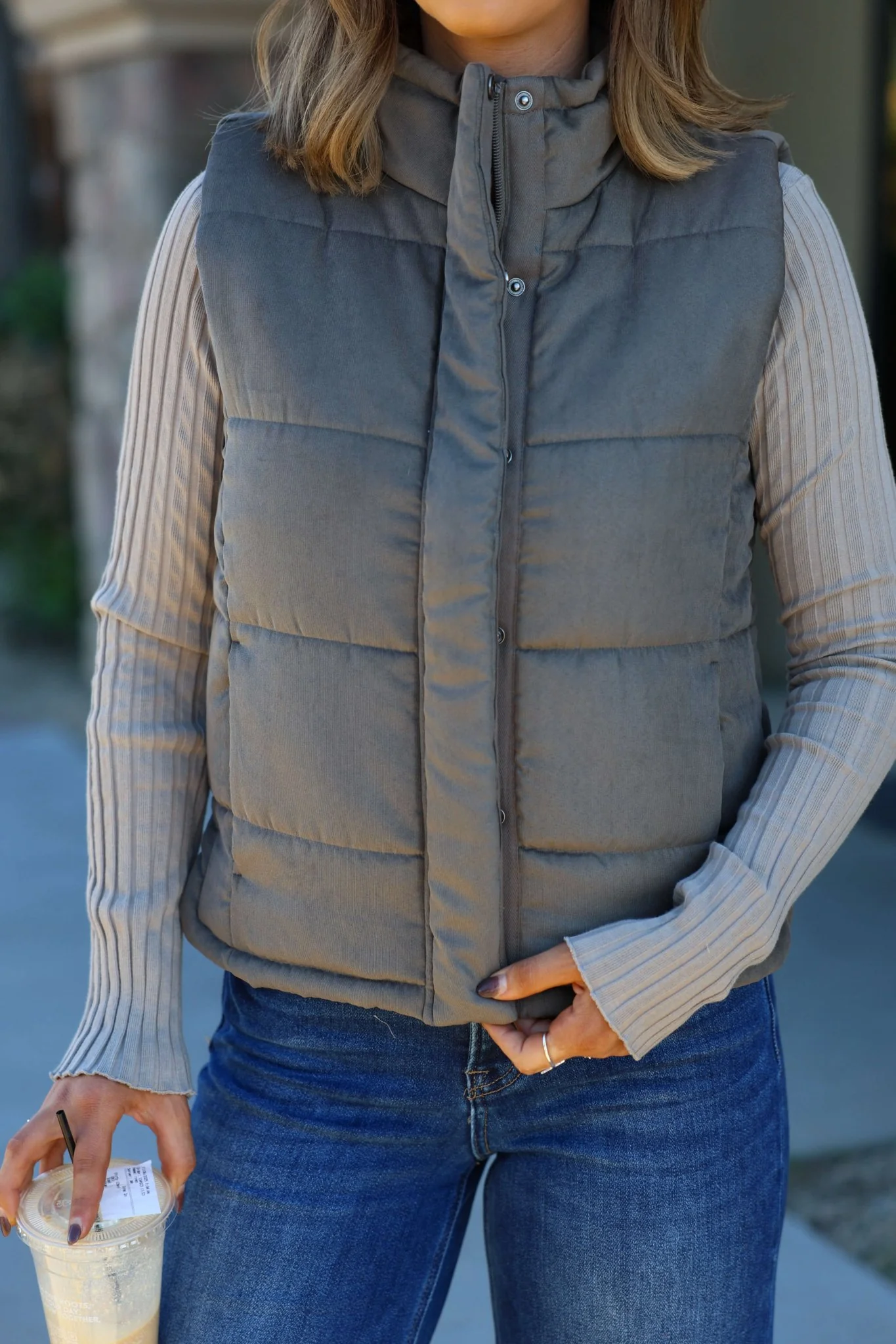 Olive Button Up Puffer Vest - FINAL SALE - Image 5