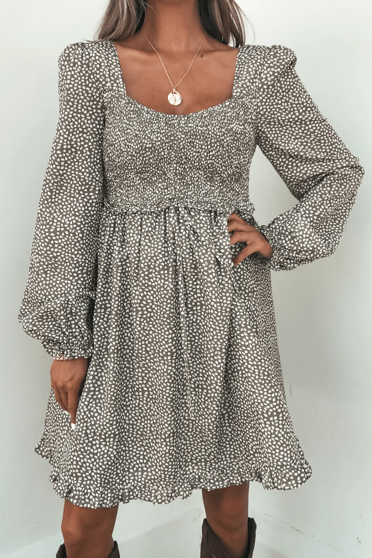 Olive Floral Print Ruched Mini Dress - Image 3