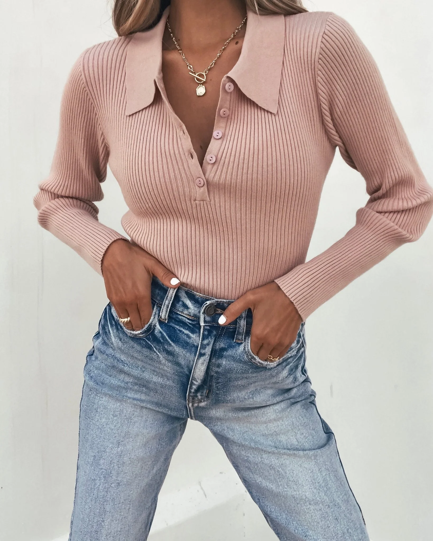 Pink Ribbed V-Neck Button Up Top - Image 3