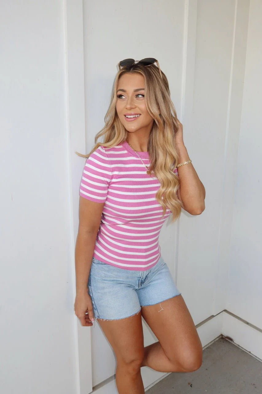 Pink Short Sleeve Striped Sweater - Image 5