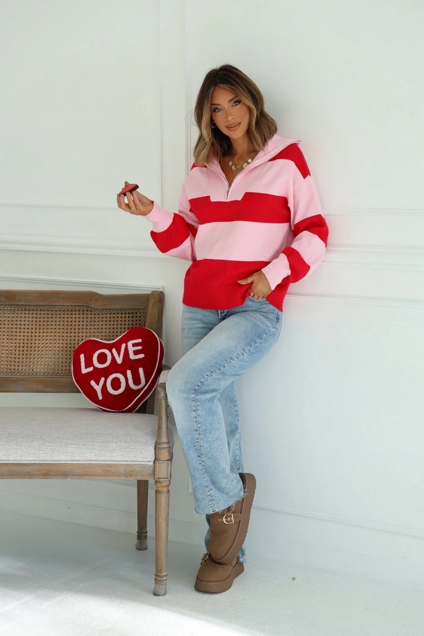 Red and Pink Stripe Quarter Zip Sweater - Image 2