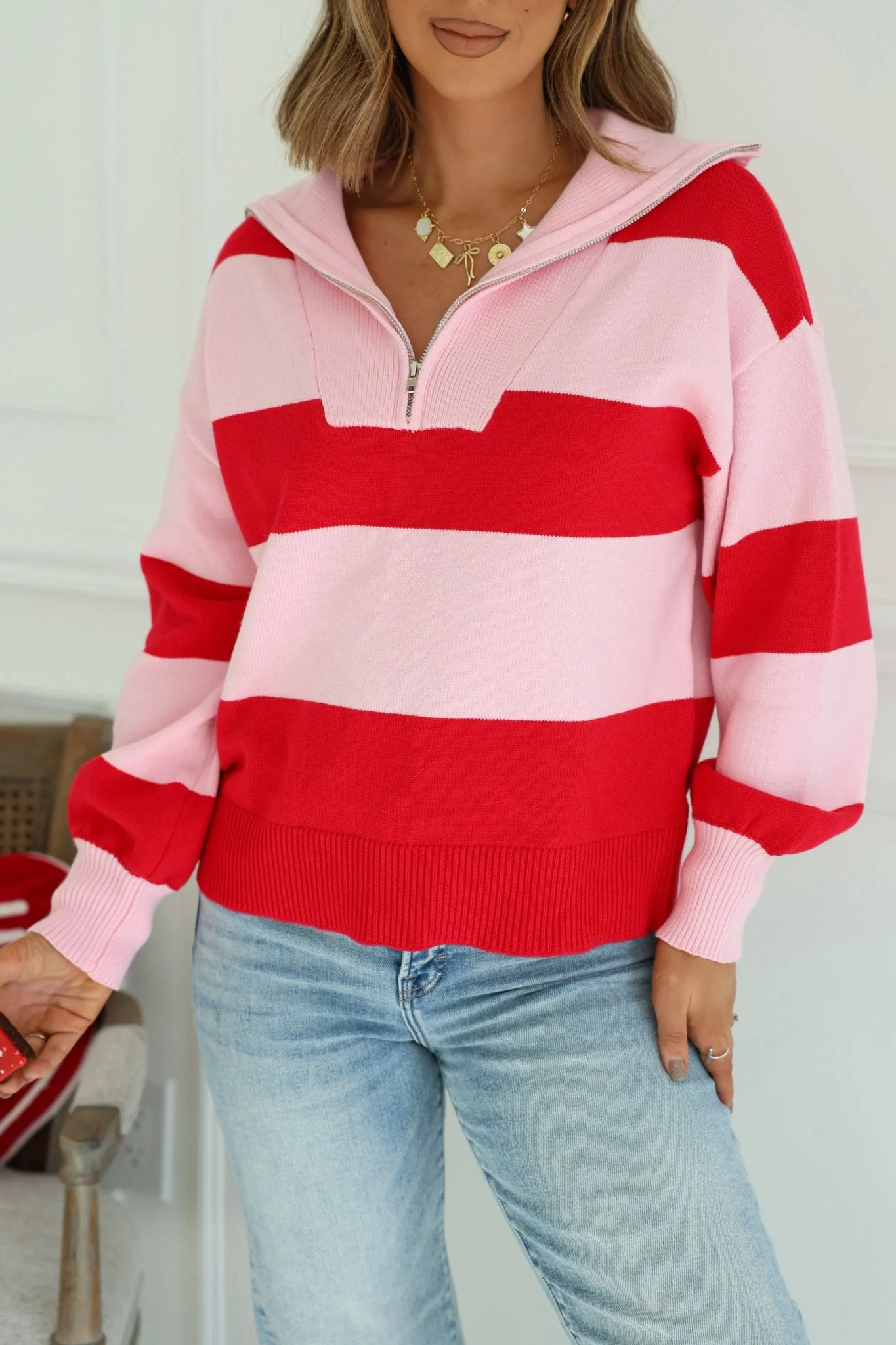 Red and Pink Stripe Quarter Zip Sweater - Image 4
