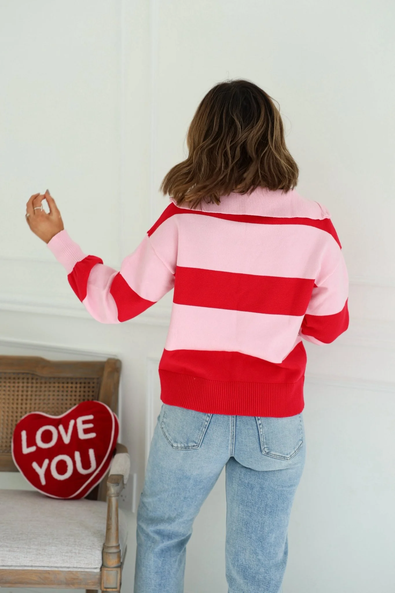 Red and Pink Stripe Quarter Zip Sweater - Image 6