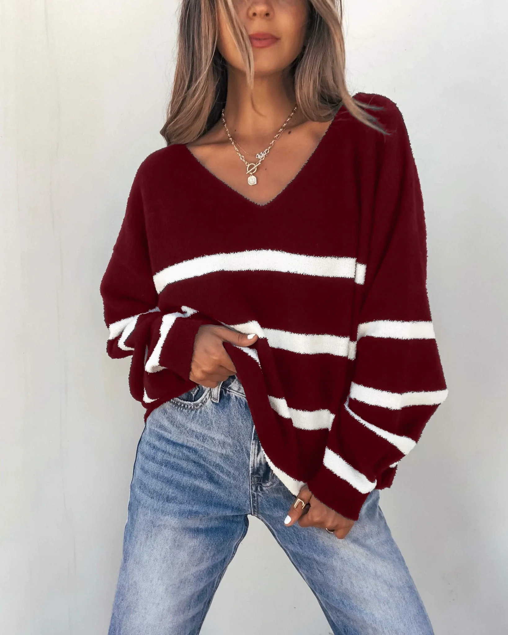 Red and White Striped V Neck Sweater - FINAL SALE - Image 3