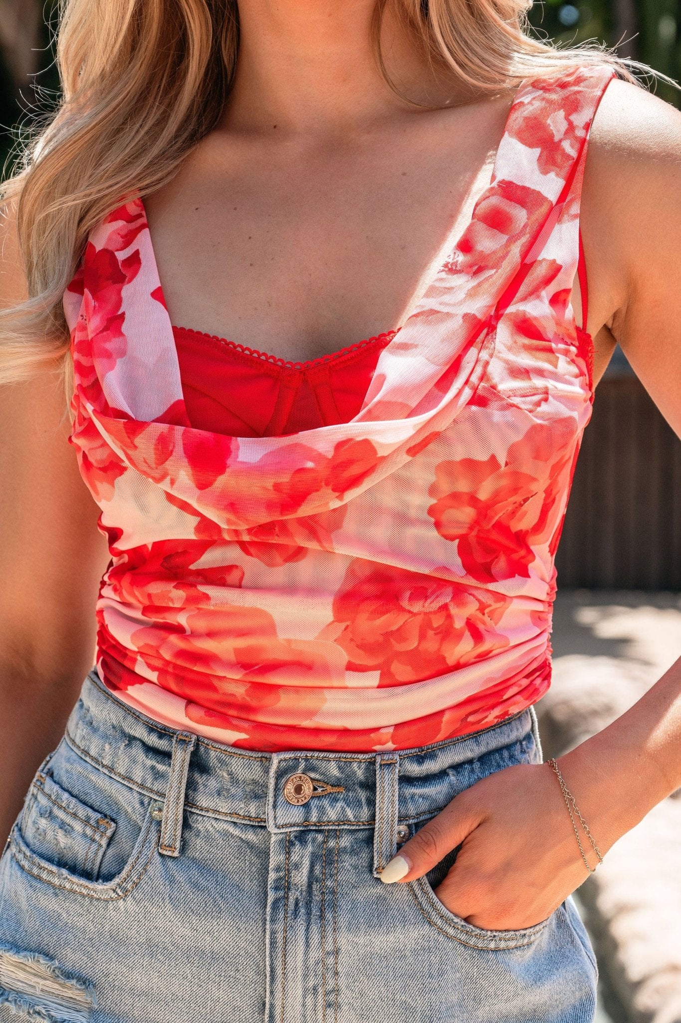 Red Floral Mesh Built-in-Bra Top - FINAL SALE - Image 7