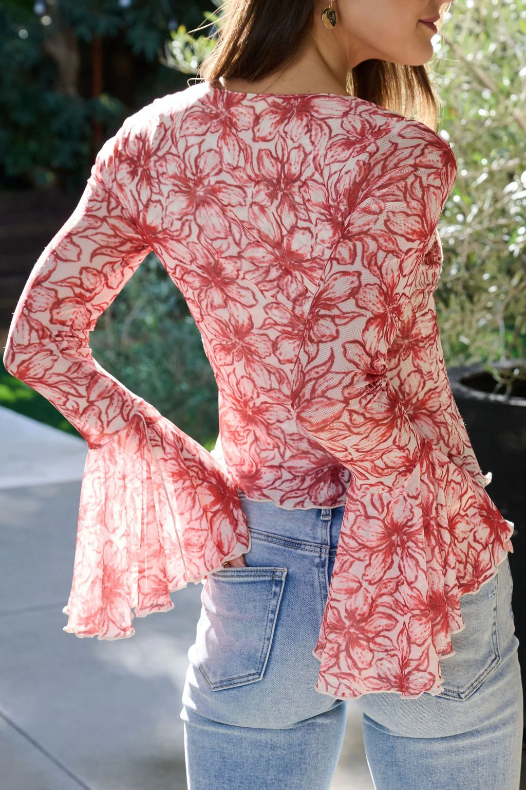 Red Floral Print Bell Sleeve Mesh Top - Image 8