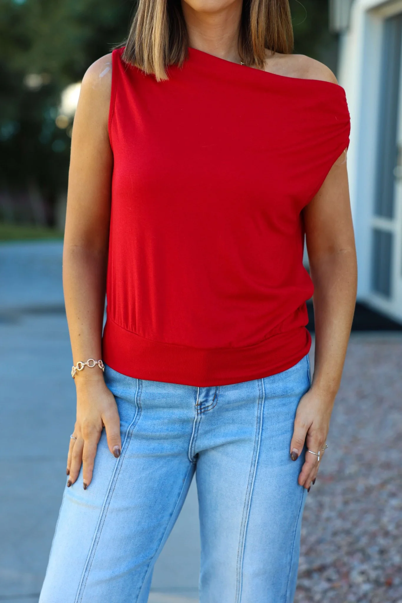 Red Jersey Knit Off The Shoulder Top - FINAL SALE - Image 3