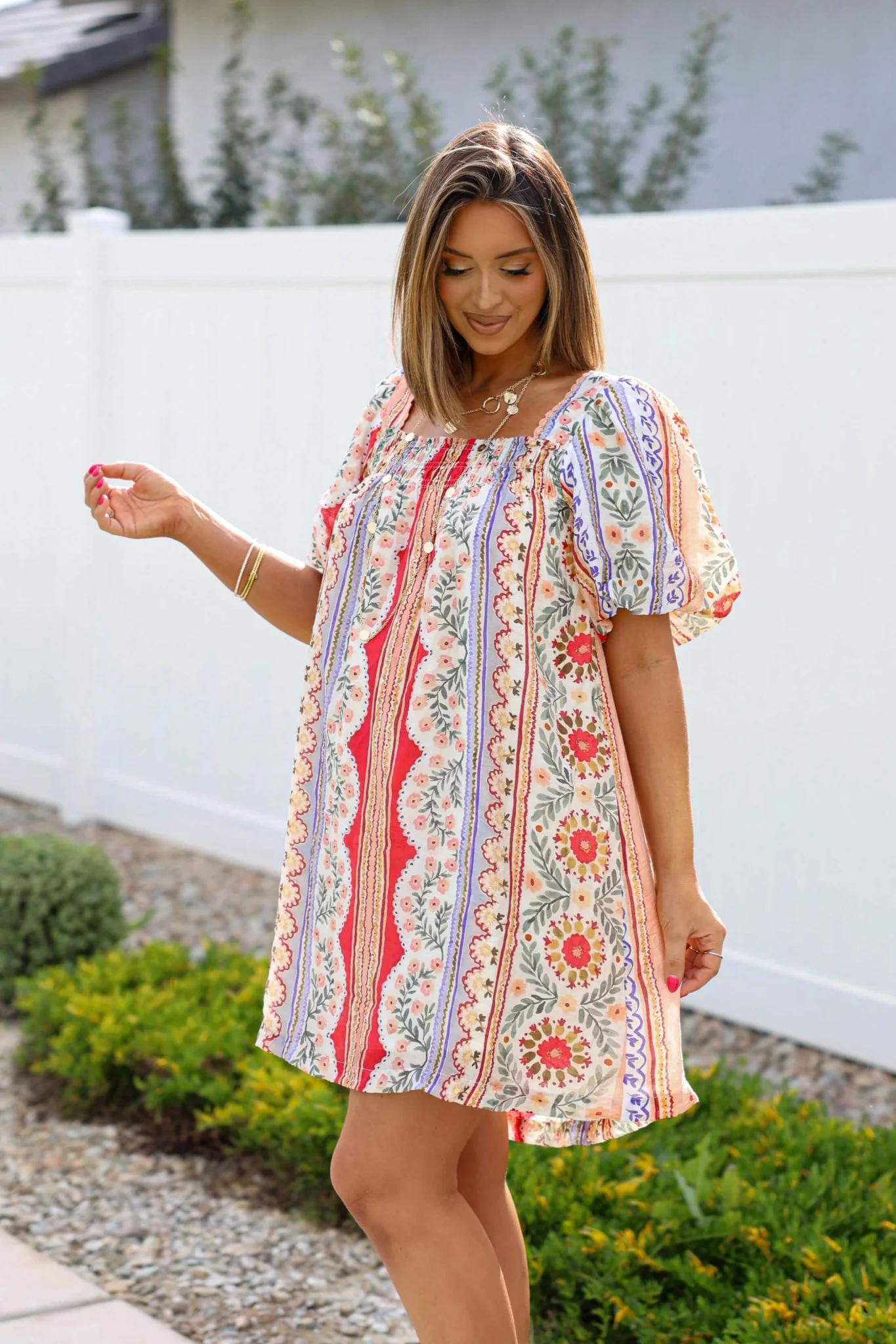 Red Mix Print Puff Sleeve Mini Dress - Image 2