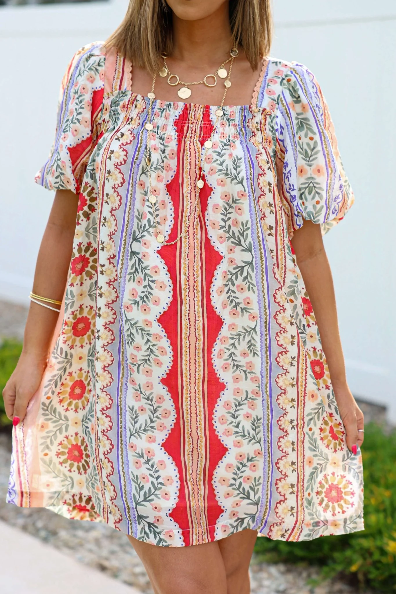 Red Mix Print Puff Sleeve Mini Dress - Image 3