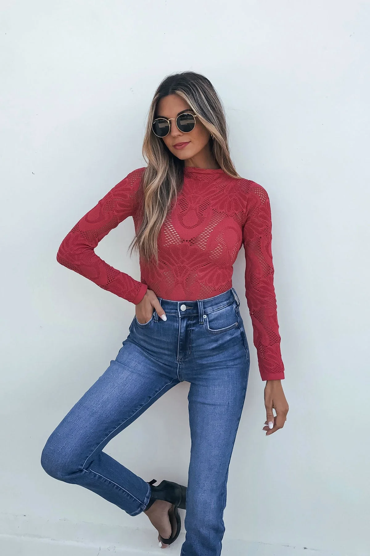 Red Mock Neck Fishnet Top - Image 2