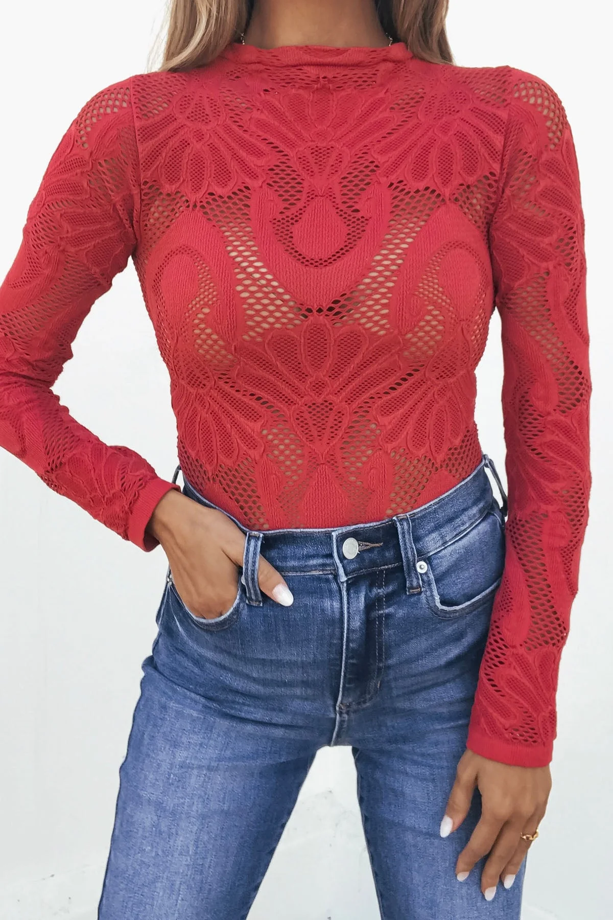Red Mock Neck Fishnet Top - Image 3