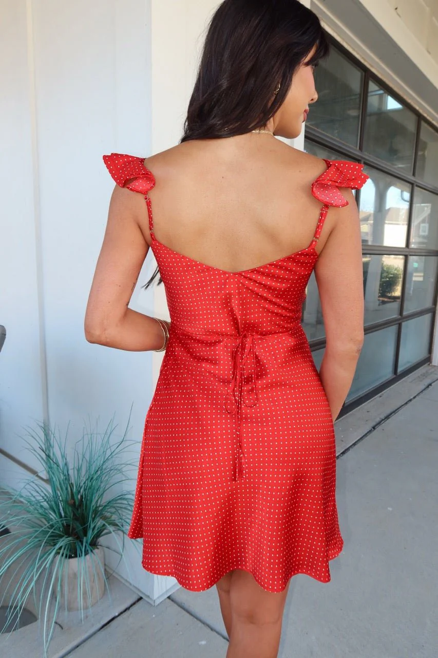Red Polka Dot Satin Mini Dress - Image 6