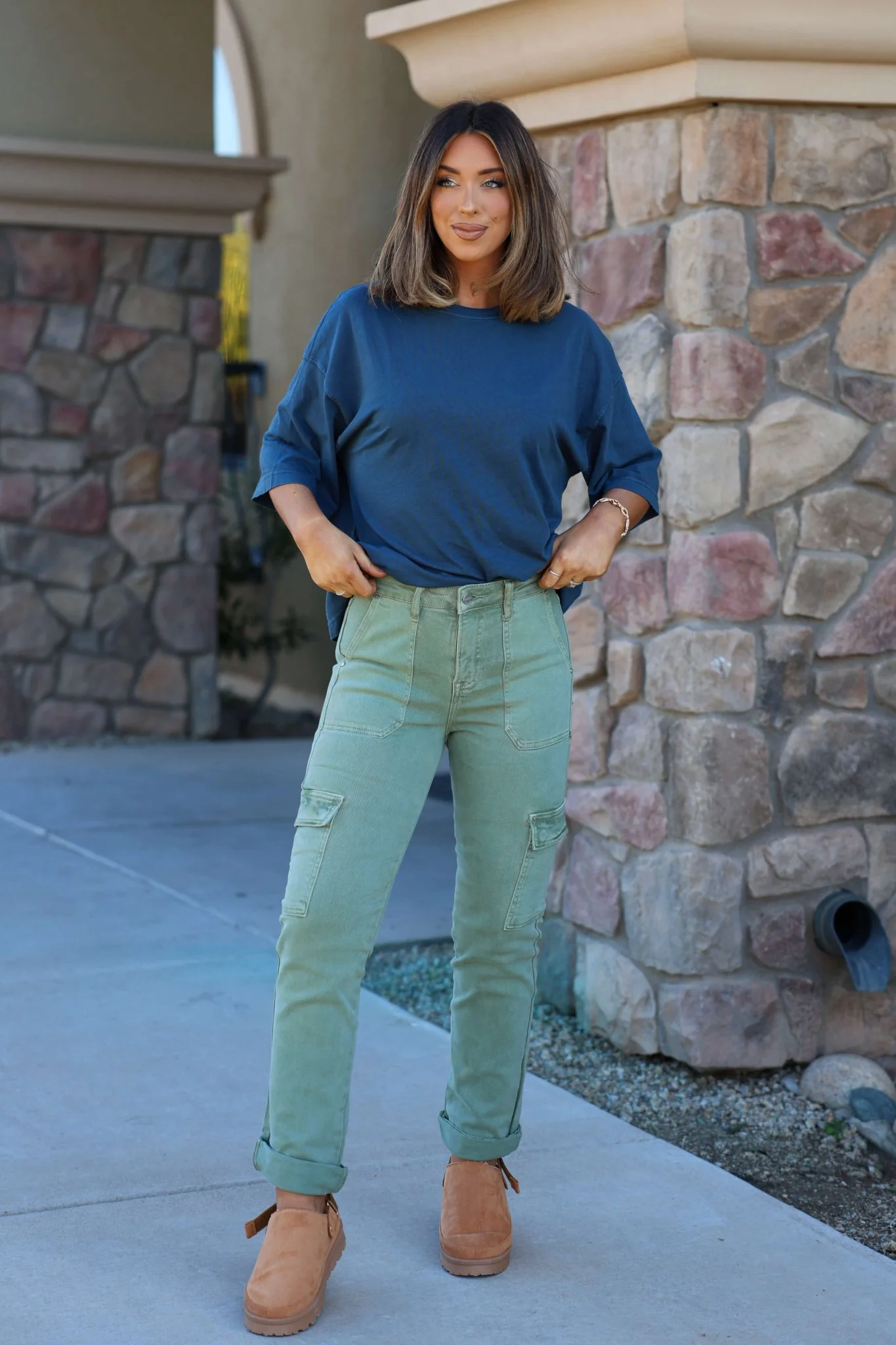 Risen Olive Straight Leg Cargo Pants - FINAL SALE - Image 2