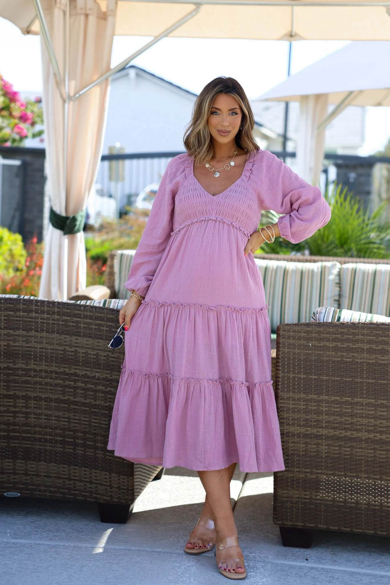 Rosy Pink Smock Tiered Midi Dress