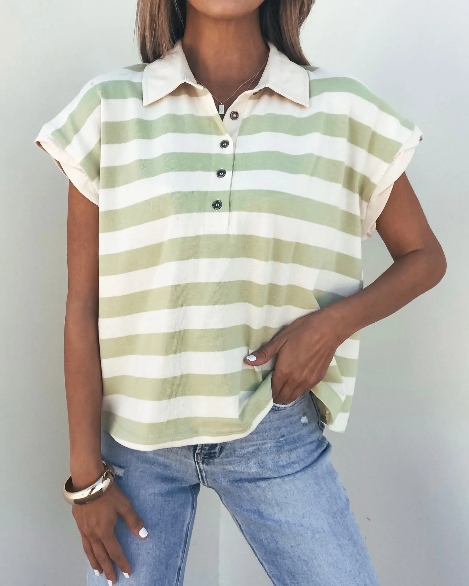 Sage and Ivory Striped Button Up Shirt - Image 3